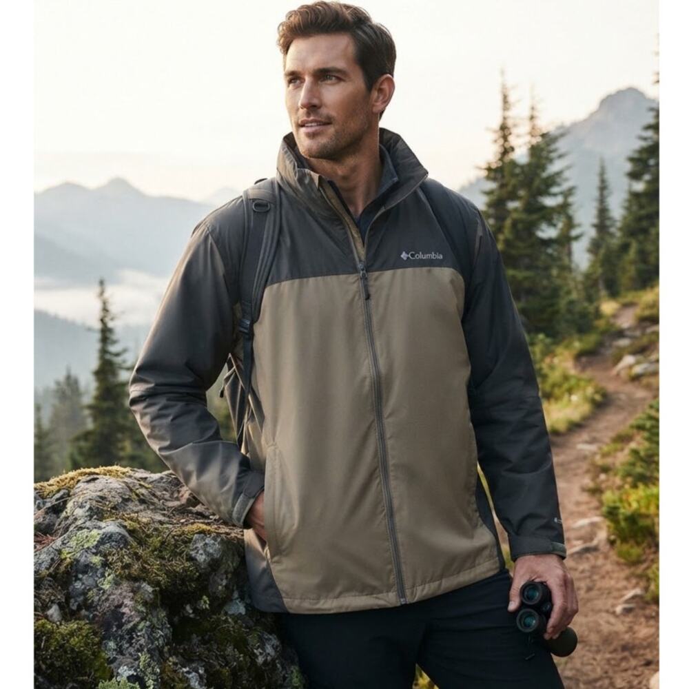 Columbia Men’s Glennaker Lake II Rain Jacket Tan Black Packable Windbreaker XXL